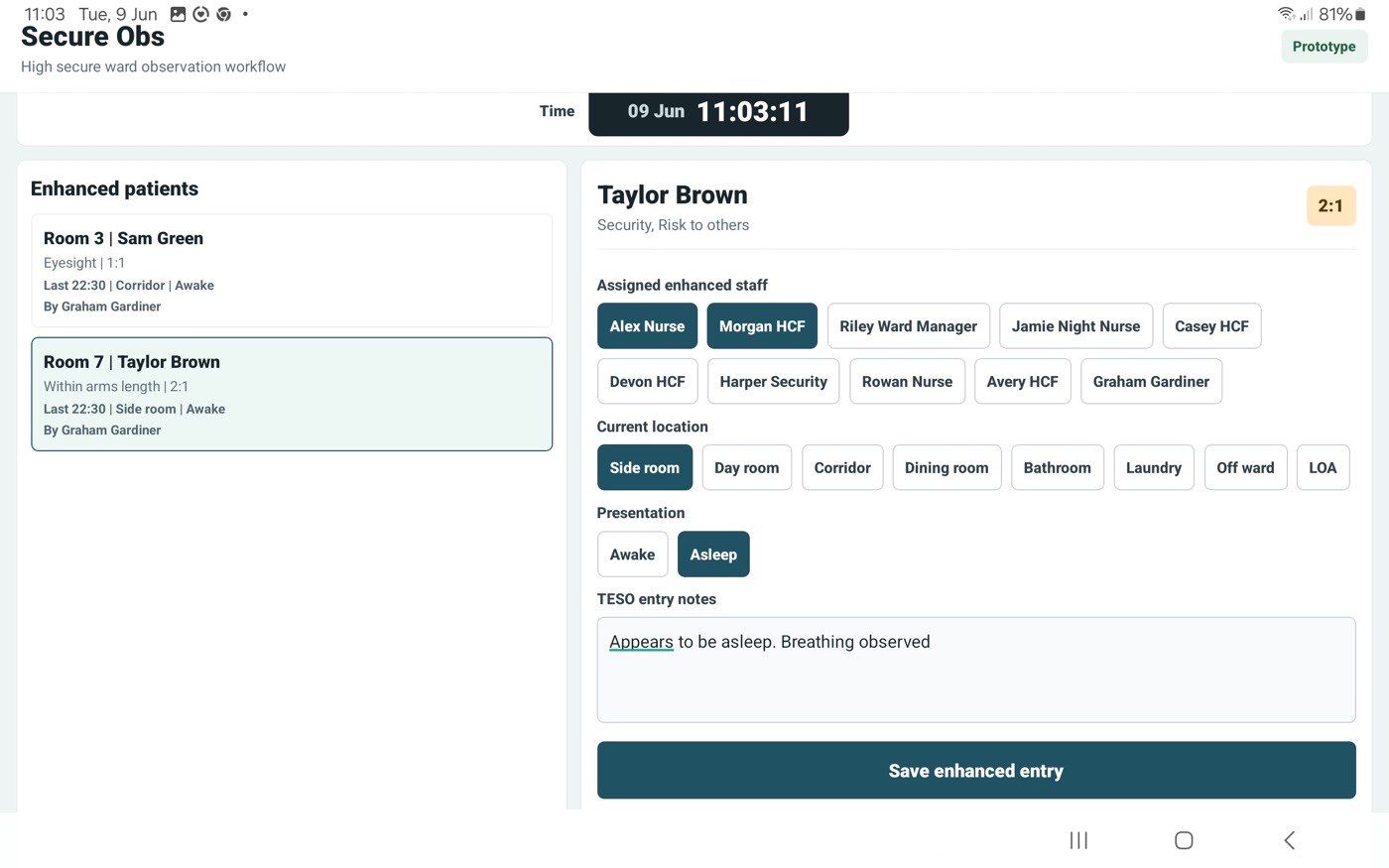 SecureObs enhanced observations screen showing assigned staff and TESO entry form