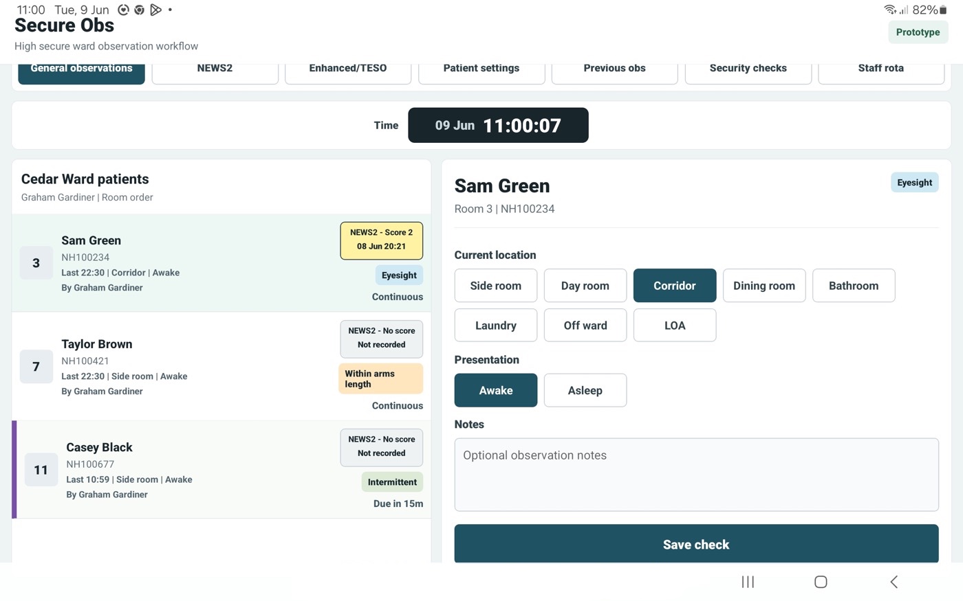 SecureObs general observations screen with patient list and save check form