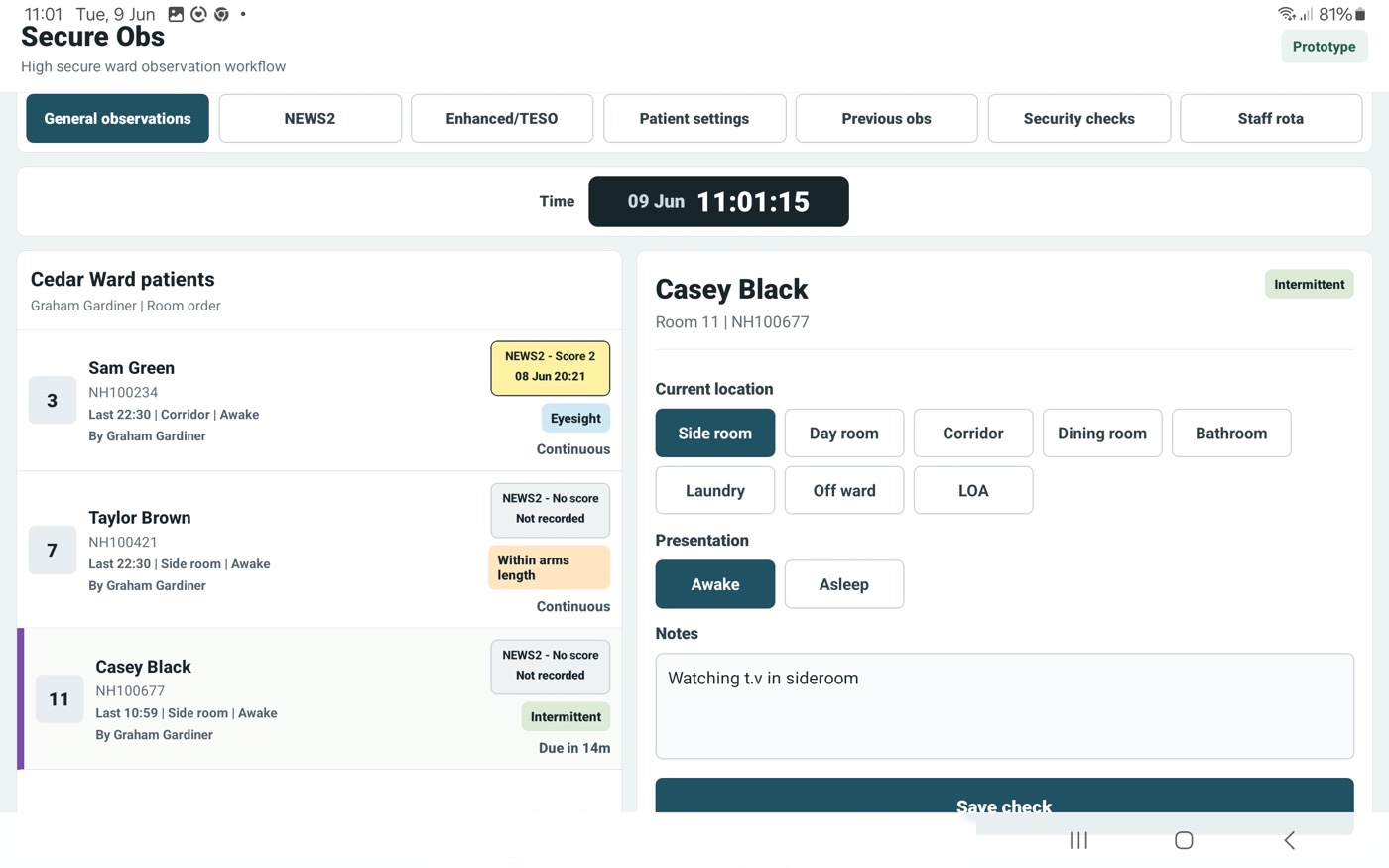 SecureObs patient settings screen for observation level and TESO configuration