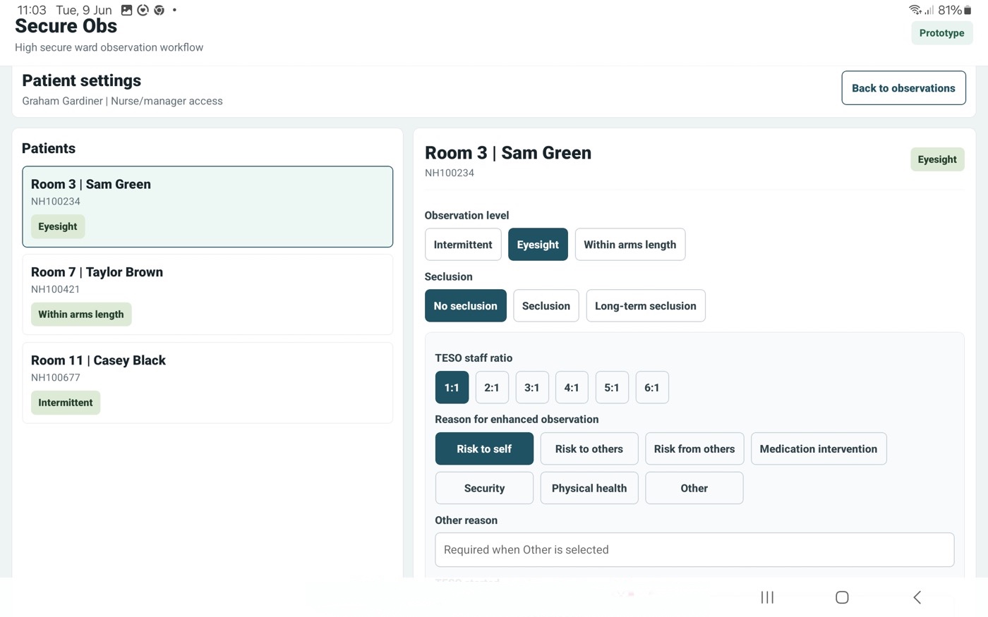 SecureObs security checks screen showing checkpoint status and record check form