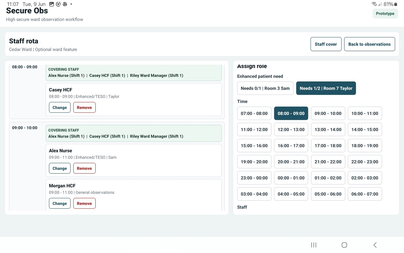 SecureObs staff rota screen showing shift cover and role assignment