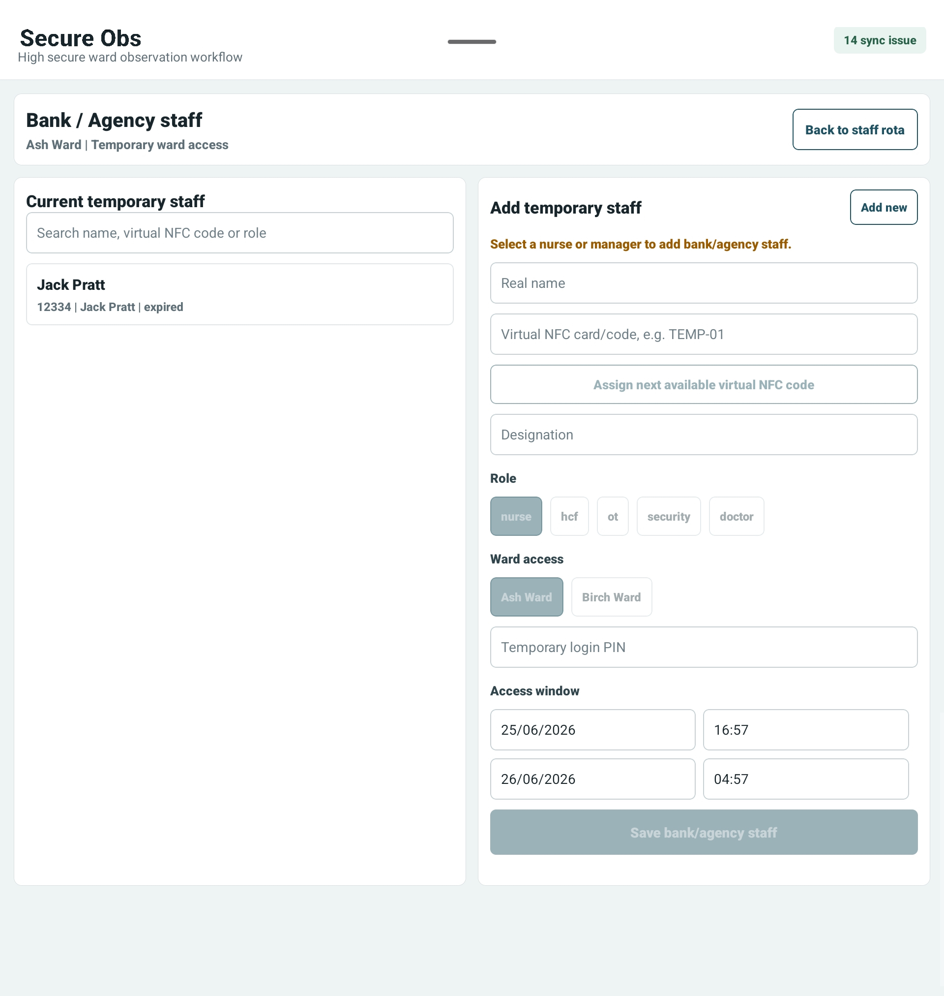 SecureObs bank and agency staff setup screen