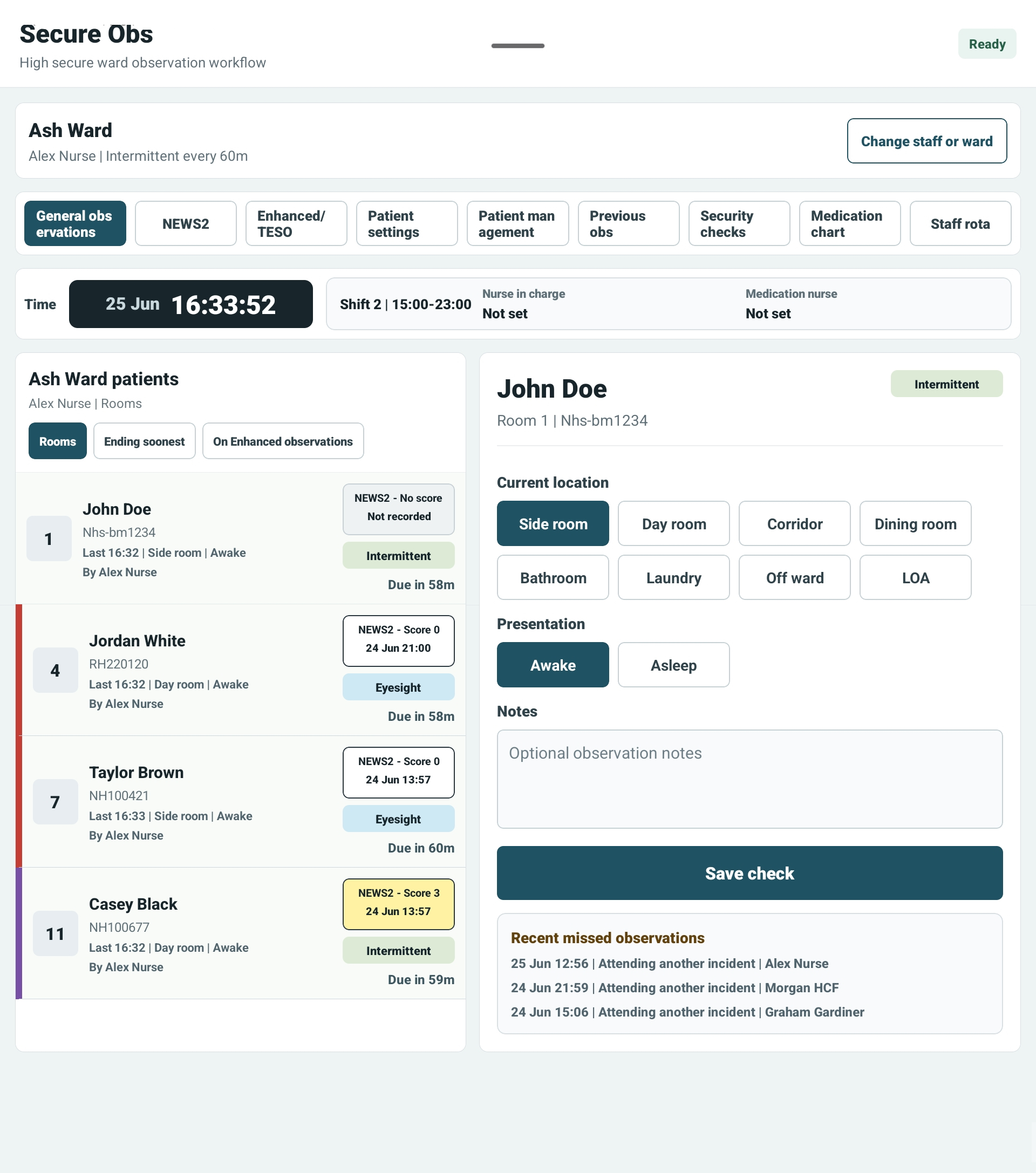 SecureObs observation recording screen with patient list and save check form