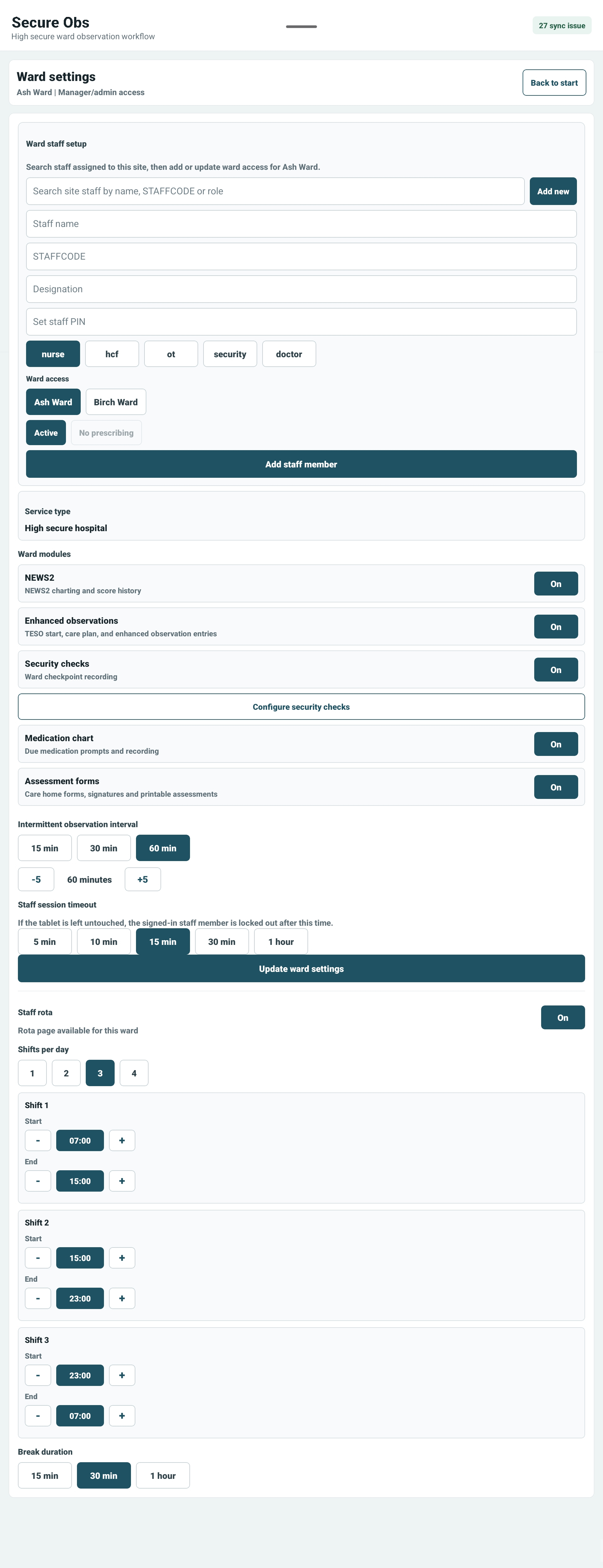 SecureObs ward management settings screen with staff setup, module switches and shift configuration