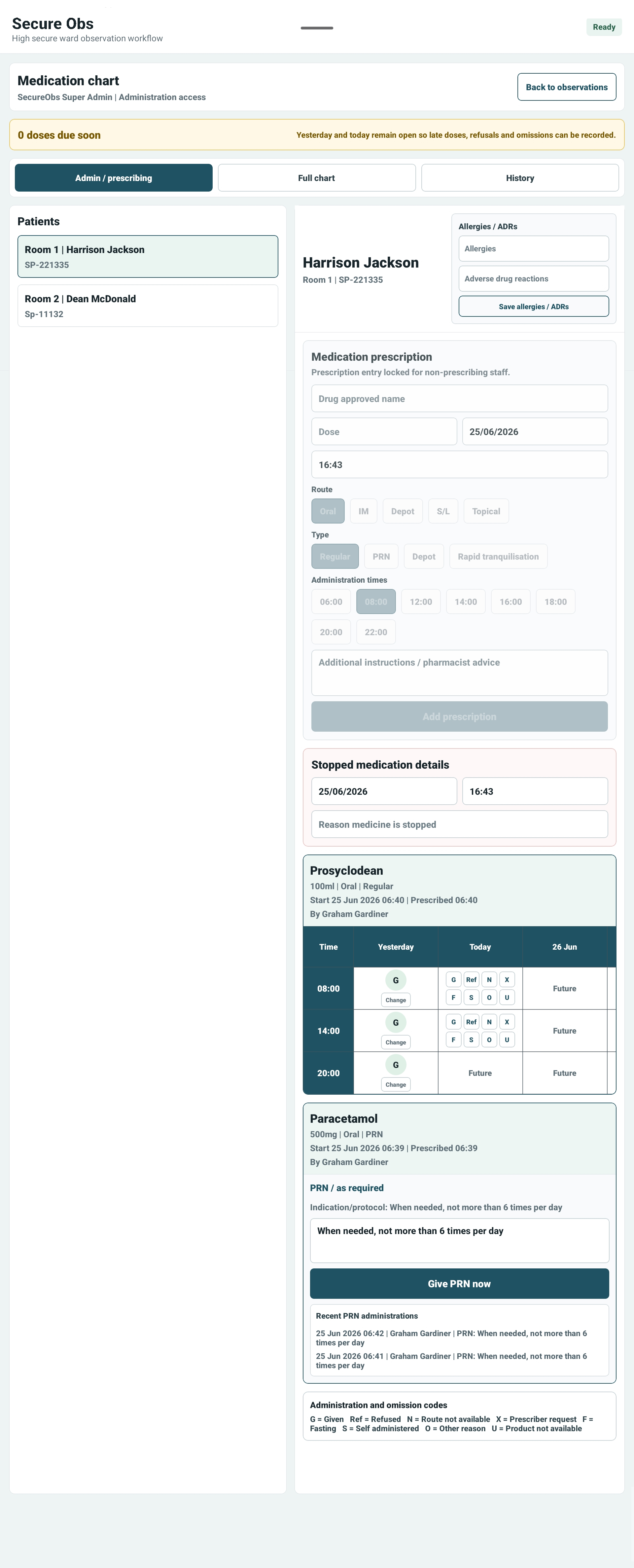 SecureObs medication prescribing screen