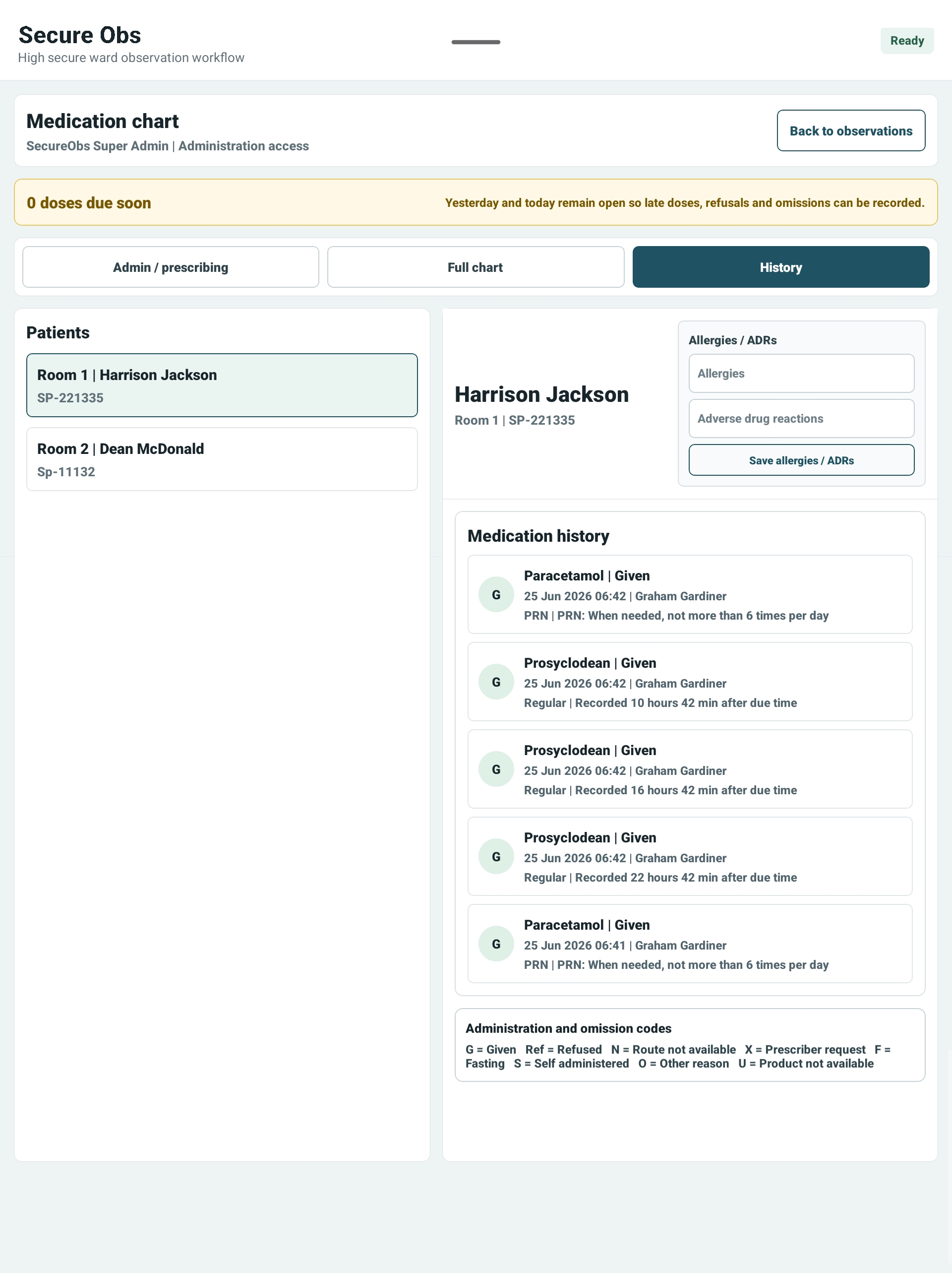 SecureObs medication history screen