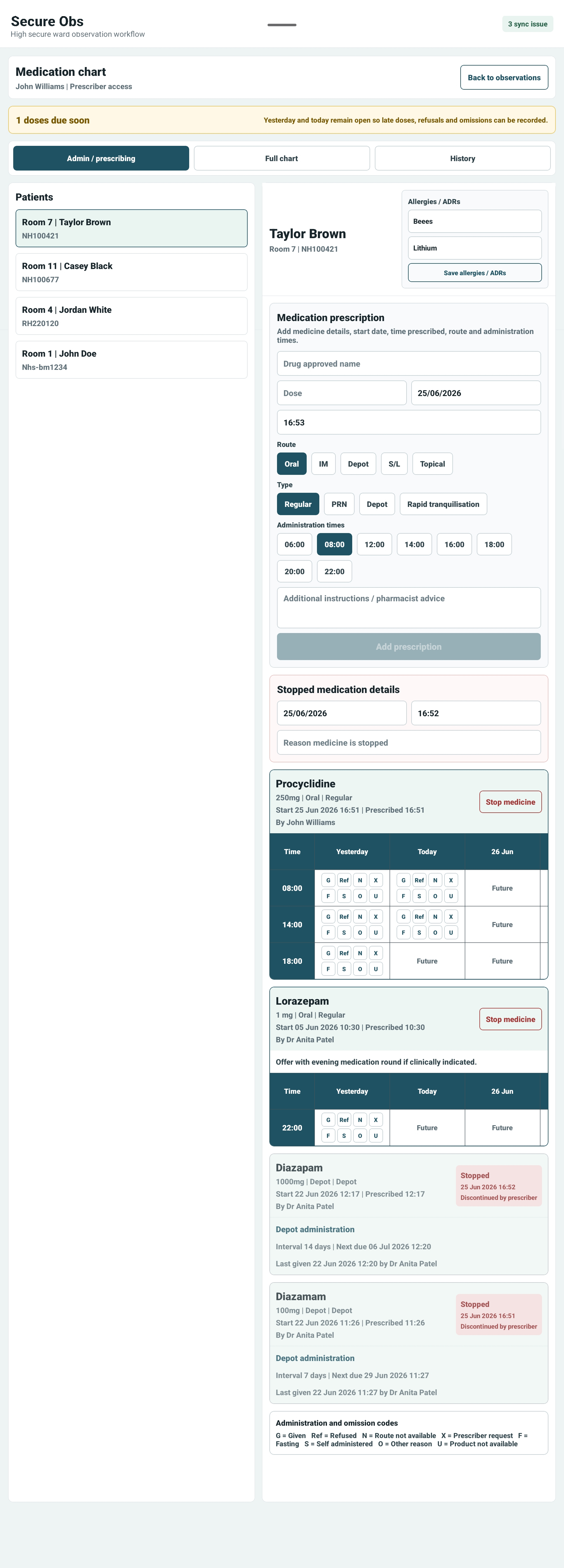 SecureObs medication chart and prescribing screen