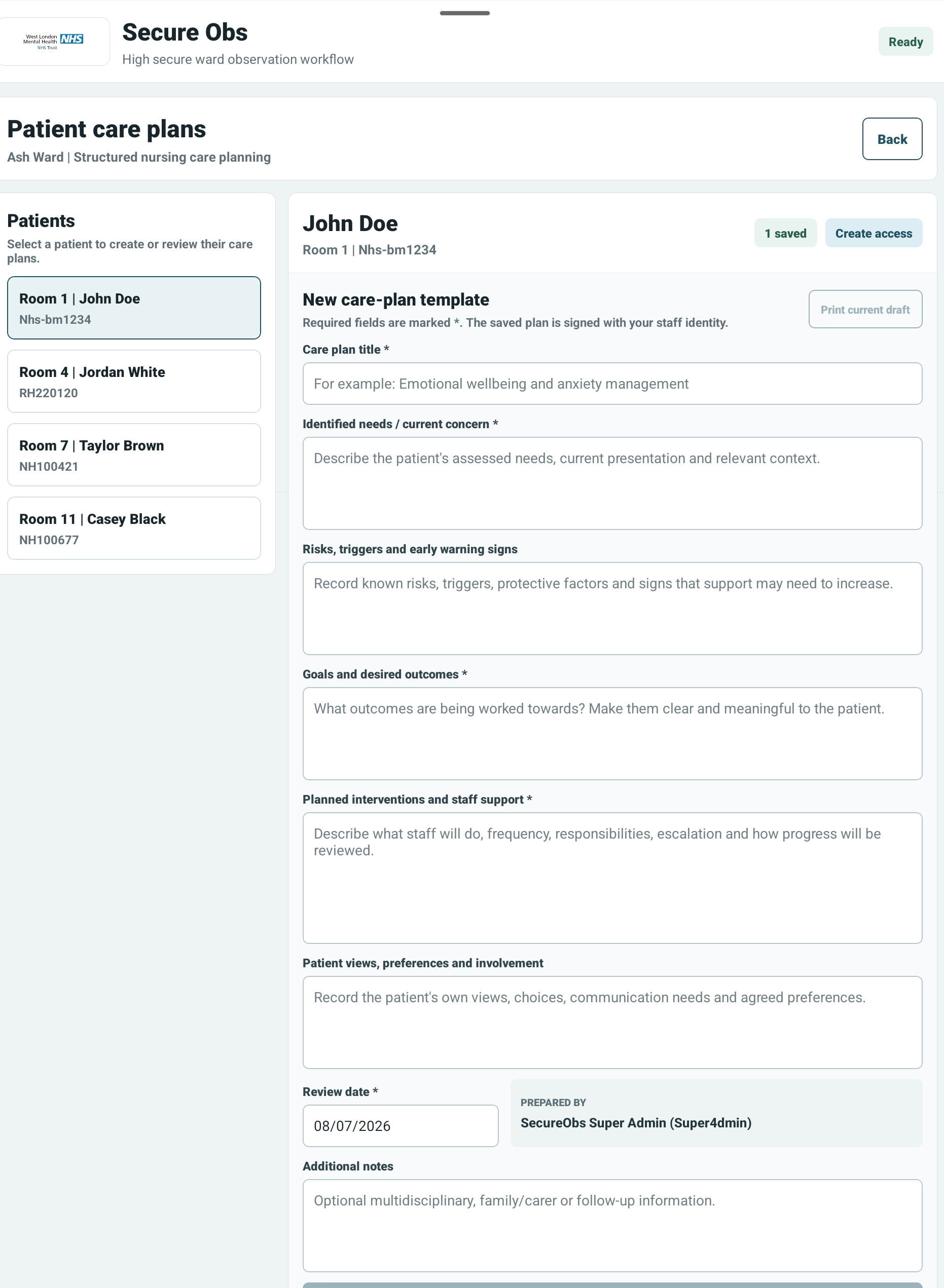 SecureObs structured patient care plan template