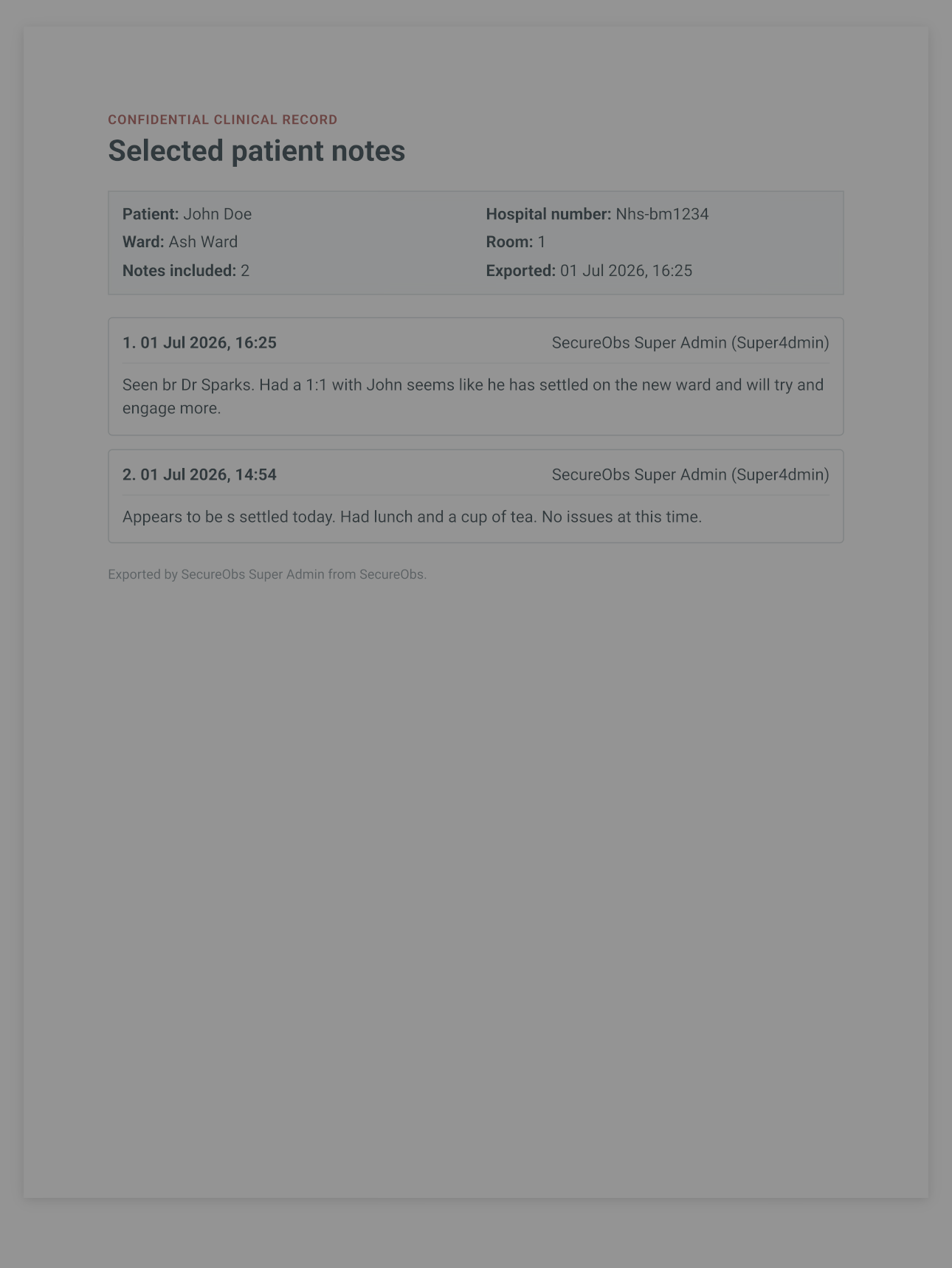 SecureObs confidential patient notes PDF showing selected signed notes