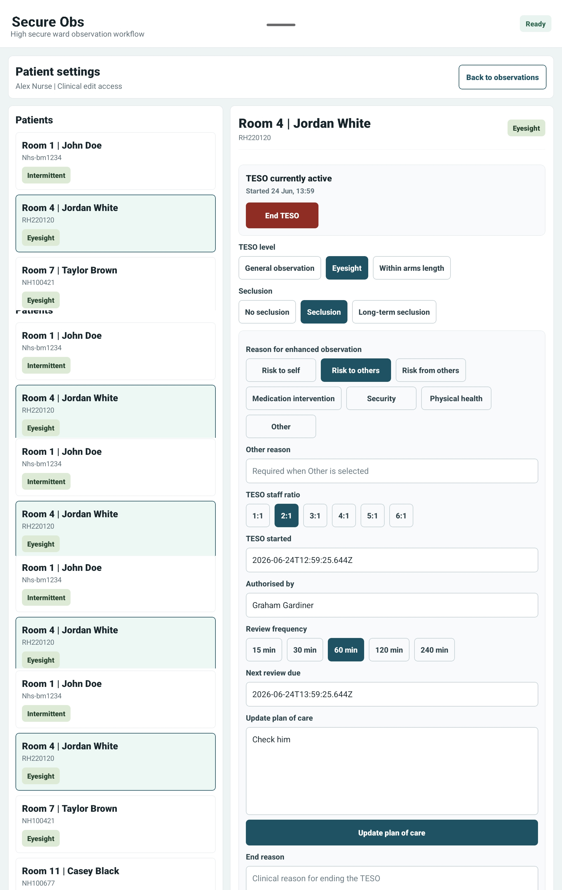 SecureObs patient settings screen for TESO review and care plan
