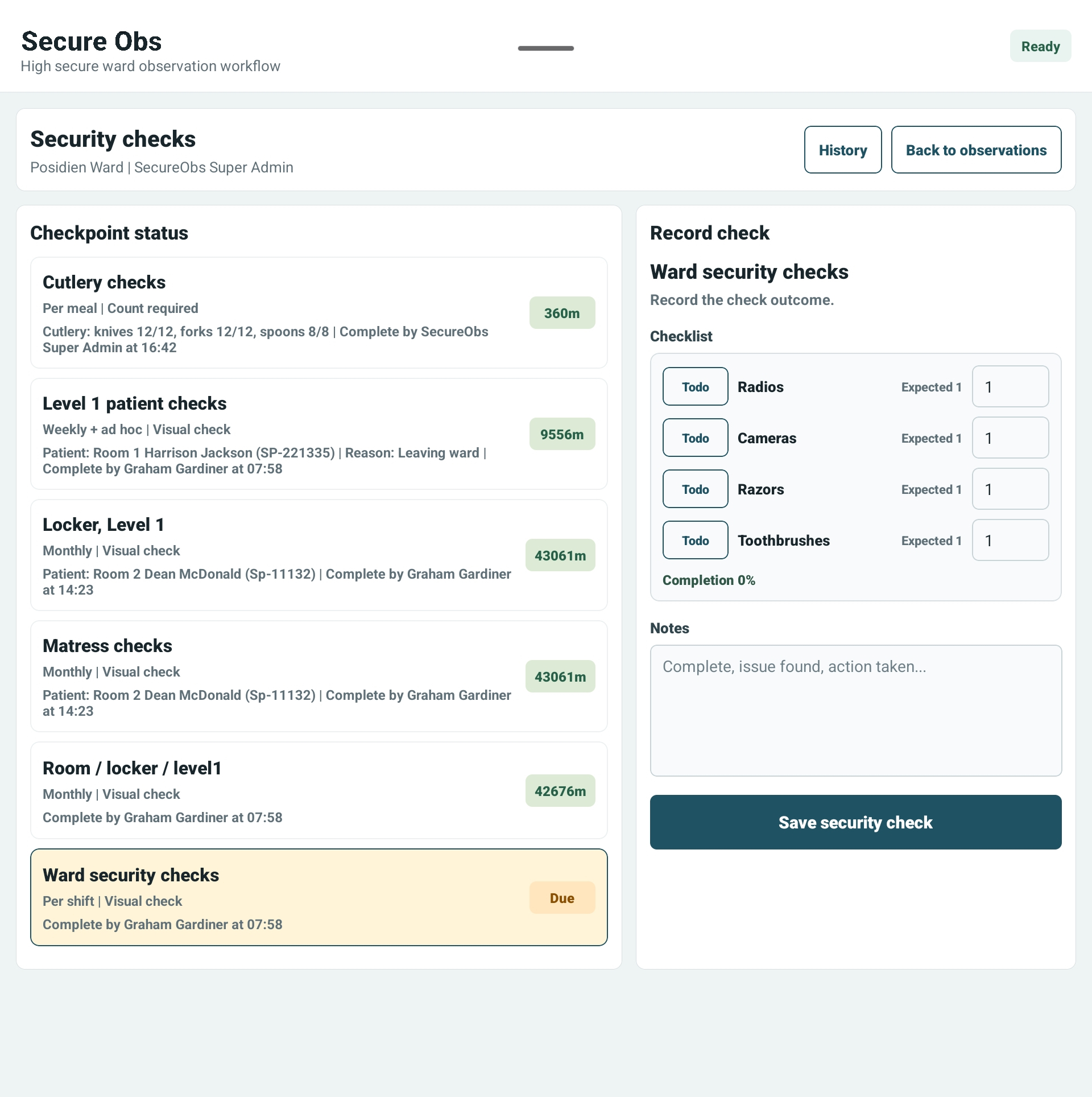 SecureObs record security check screen