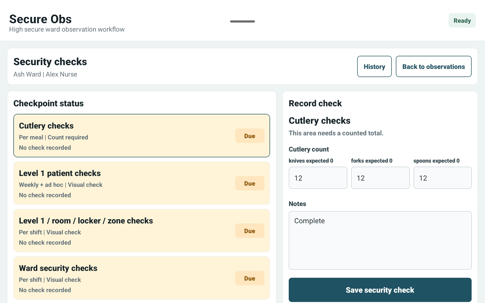 SecureObs security checks screen with cutlery count