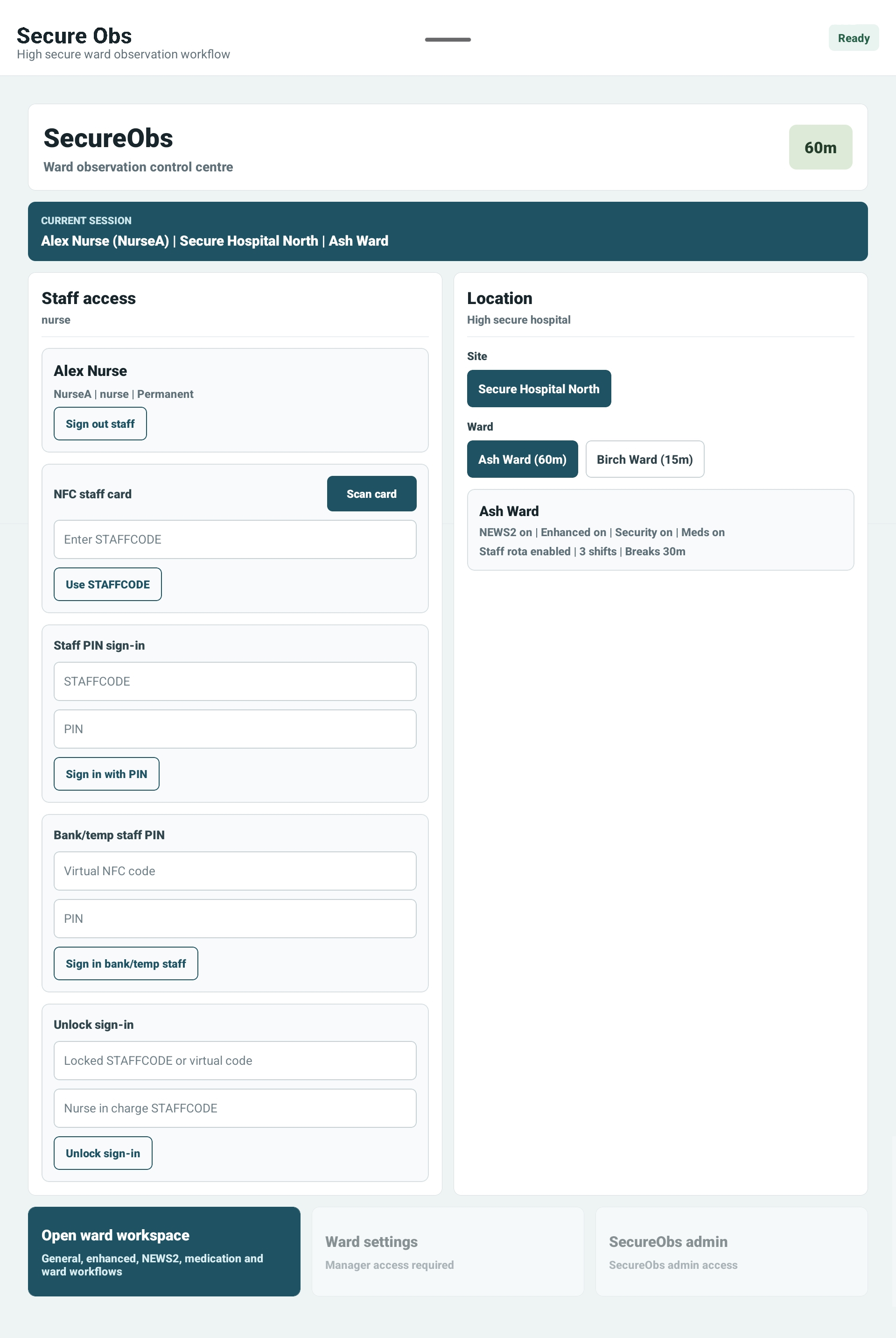 SecureObs sign-in and location screen