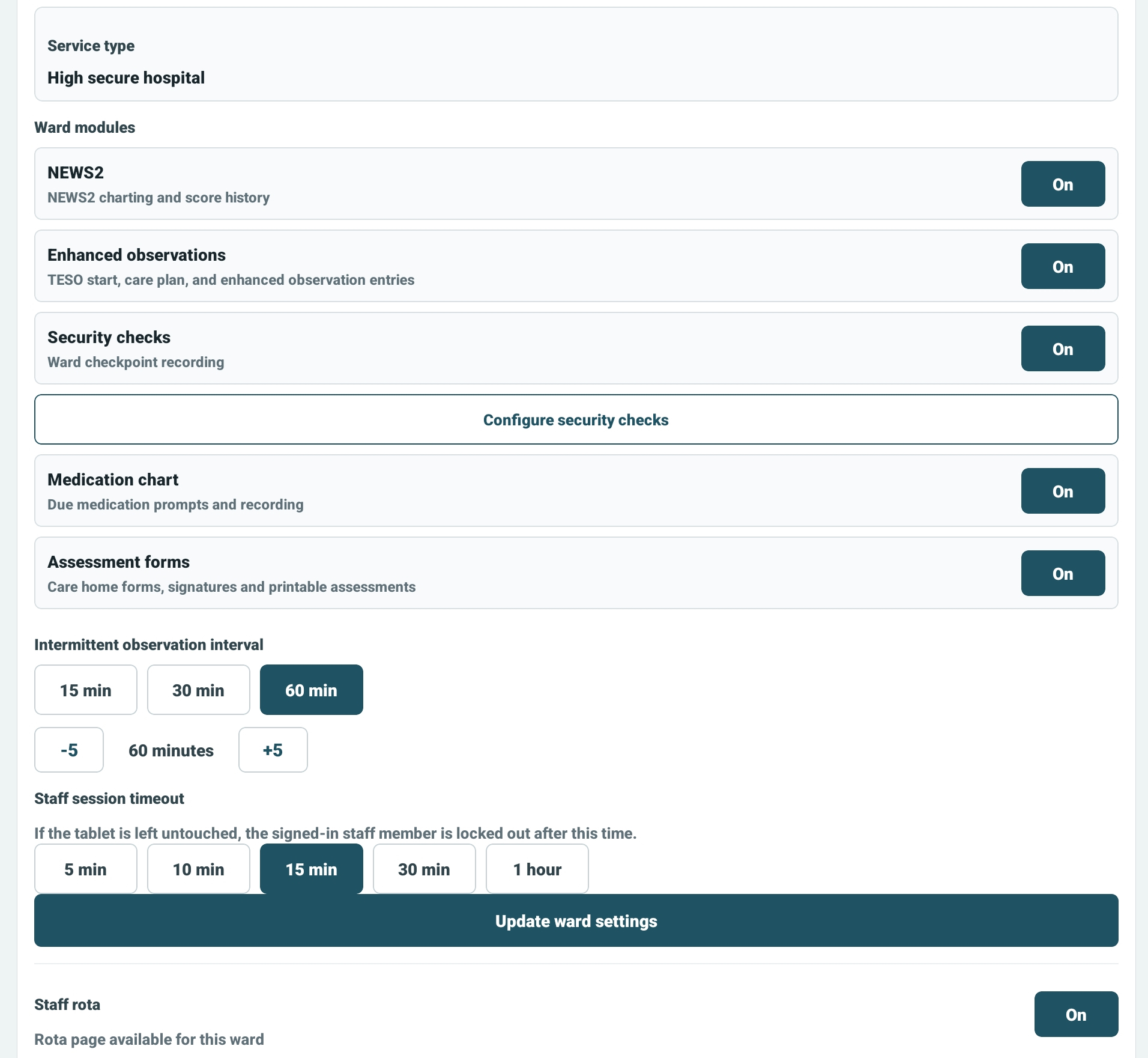 SecureObs ward module switches for NEWS2, security checks, medication chart and assessment forms